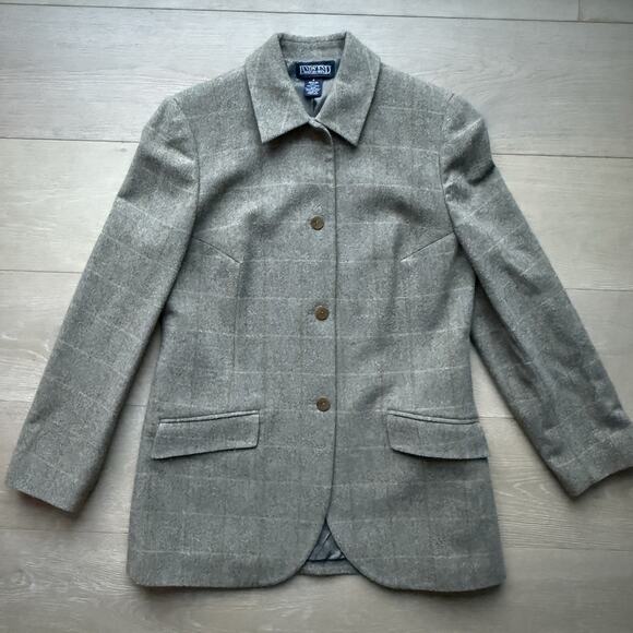 Lands End Wool Blazer Women's Size 8 Tan Grey Checkered Button Down Jacket - Picture 1 of 6
